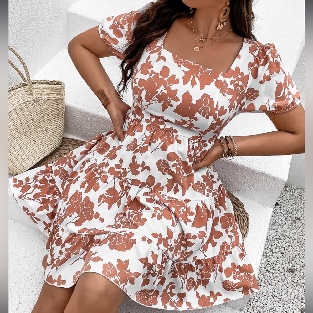Women's Plus Size Boho Square Neck Puff Short Sleeve Ruffle Hem A Line Dress